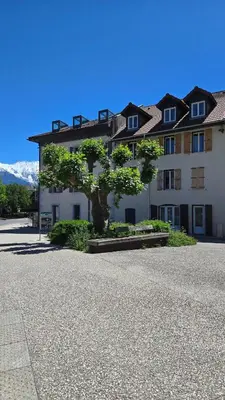 a large white building with a tree in front of it at Appartement atypique au cœur de Sallanches in Sallanches
