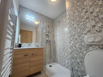 a bathroom with a shower and a toilet and a sink at Charmant T2 cabine exposé Ouest avec parking couvert - FR-1-629-148 in Samoëns