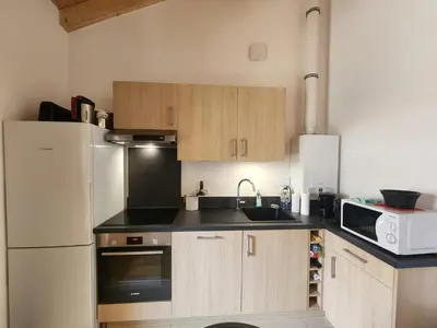 a kitchen with a white refrigerator and a microwave at Charmant T2 cabine exposé Ouest avec parking couvert - FR-1-629-148 in Samoëns