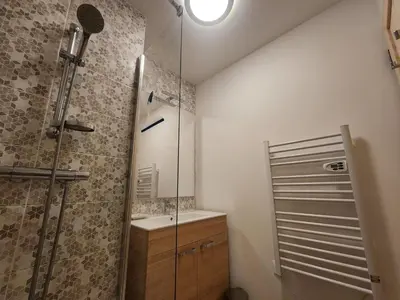a bathroom with a shower and a sink at Charmant T2 cabine exposé Ouest avec parking couvert - FR-1-629-148 in Samoëns