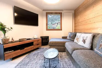 a living room with a couch and a flat screen tv at Appartement moderne - Les houches in Les Houches
