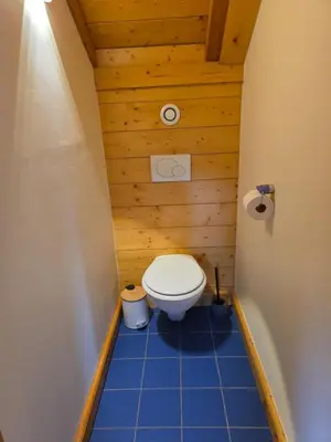 a small bathroom with a toilet in a wooden room at Grand appartement proche centre in Megève