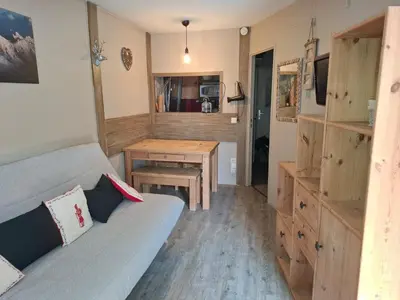 a living room with a couch and a television at Cham sud in Chamonix-Mont-Blanc
