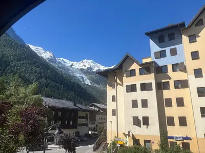 a view of the mountains from our hotel room at Cham sud in Chamonix-Mont-Blanc