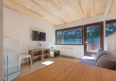 a living room with a couch and some windows at Résidence Le Relax - Megève Centre in Megève