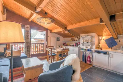 a kitchen and living room with a dog sitting on a couch at Appartement Warens - Welkeys in Megève