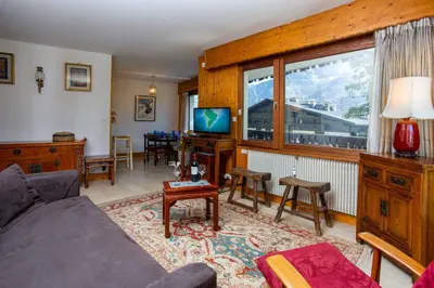 a living room with a couch and a tv at Le Brevent apartment -Chamonix All Year in Chamonix-Mont-Blanc