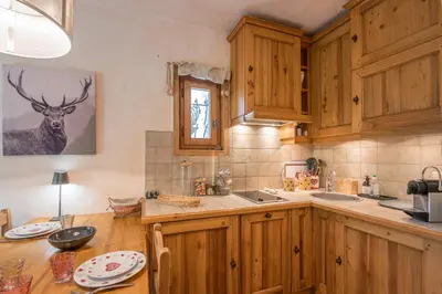 a kitchen with wooden cabinets and a deer picture on the wall at Studio Montée du Calvaire - Welkeys in Megève