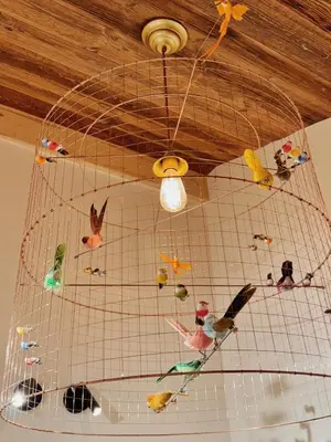 a cage full of birds hanging from a ceiling at Les Mesanges in Megève