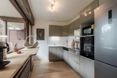 a kitchen with stainless steel appliances and wooden floors at Red Touch - Balcon vue et confort en famille in Megève