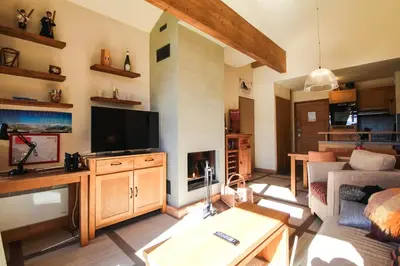 a living room with a couch and a tv at Residence Terrasses Eos, T2 48m2 Sud, Vue Montagne, avec Cheminee, Parking, Piscine in Flaine