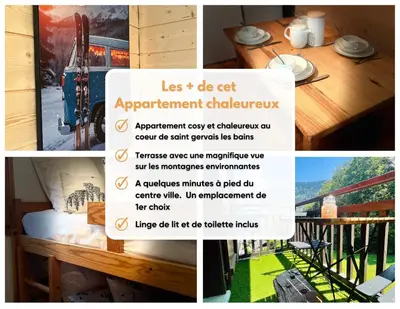 a collage of pictures of a sign with a bed and a balcony at Entre amis-Résidence La Piste Bleue-Ski aux pieds in Saint-Gervais-les-Bains