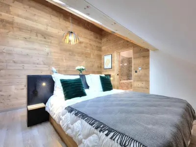 two beds in a room with wooden walls at 3 pièces avec balcon, proche centre et télécabine, animaux admis - FR-1-663-50 in Saint-Gervais-les-Bains