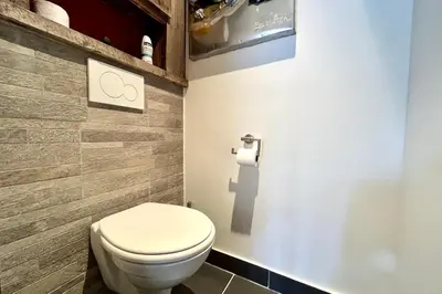 a bathroom with a toilet and a toilet paper dispenser at Le Repère de l'Ours in Megève