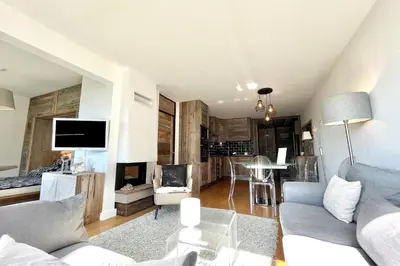 a living room with a couch and a tv at Le Repère de l'Ours in Megève
