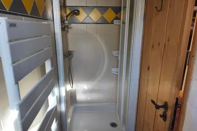 a bathroom with a shower with a toilet and a sink at Accommodation of 167 m2 with views of Mont Blanc in Combloux