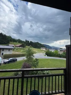 a view from a balcony of a yard with a car at Le chalet des pistes in Demi-Quartier