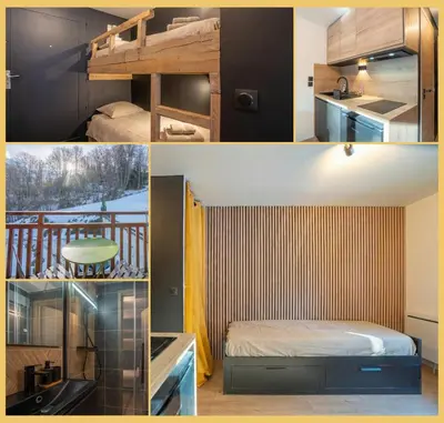 a collage of photos of a room with a bed and a kitchen at Studio La Piste Verte I Saint-Gervais in Saint-Gervais-les-Bains