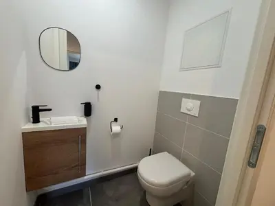 a bathroom with a toilet and a sink and a mirror at Kayla du Mont-Blanc - Espace bien etre - Piscine in Les Houches