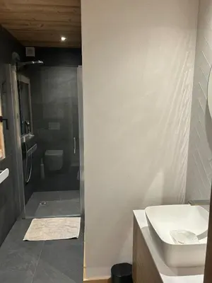 a bathroom with a shower and a sink and a toilet at 35 m2 duplex in a new 2025 chalet in Saint-Gervais-les-Bains