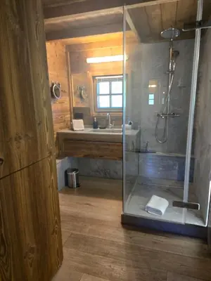 a bathroom with a shower and a sink at Le Mazot in Megève
