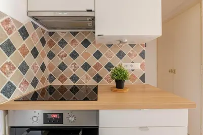 a potted plant sitting on a counter in a kitchen at Studio avec vue sur les montagnes in Les Contamines-Montjoie