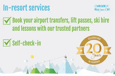 a sign that reads in resort services book your airport transfers lift passes ski line at Le Paradis 18b - Chamonix All Year in Chamonix-Mont-Blanc
