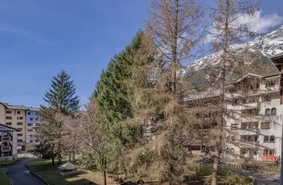 a tall tree in front of a building with a mountain at Apartment Jonquille 2C - Chamonix Peaks Getaway in Chamonix-Mont-Blanc