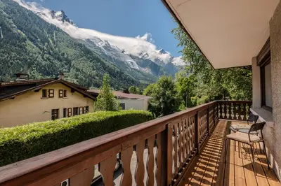 a balcony with a view of a mountain at Apartment Grand Payot, Alpes Travel, Sleeps 2 to 4 in Chamonix-Mont-Blanc