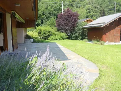 a garden with purple flowers next to a house at Chalet spacieux à Samoëns, proche village, jusqu'à 11 personnes, WiFi, parking - FR-1-815-3 in Samoëns