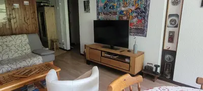 a living room with a flat screen tv on a wooden entertainment center at Grand studio près Lac Gaillands in Chamonix-Mont-Blanc