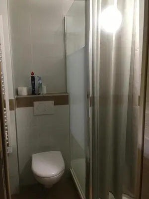 a bathroom with a toilet and a glass shower at Appartement exceptionnel au Lavancher à chamonix in Chamonix-Mont-Blanc