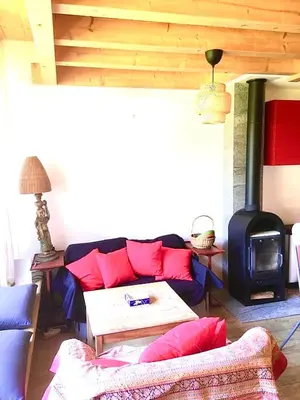 a living room with a couch and a wood stove at Appartement exceptionnel au Lavancher à chamonix in Chamonix-Mont-Blanc