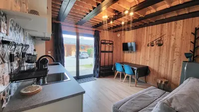 a kitchen with a sink and a couch in a room at Studio 181 in Combloux