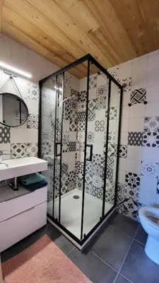 a bathroom with a shower and a toilet at Studio 181 in Combloux