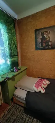 a bedroom with a bed and a picture of a dog at Maison idéalement située toutes mobilités in Saint-Gervais-les-Bains