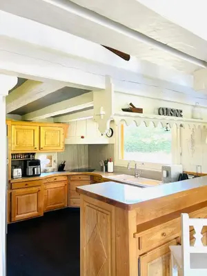 a large kitchen with wooden cabinets and a sink at Spacious chalet in Chamonix with Mont Blanc view in Chamonix-Mont-Blanc