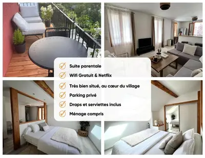 a collage of four pictures of a living room at Duplex MontBlanc - Suite, Centre & Parking by AlpenlySallanches in Sallanches