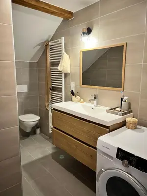 a bathroom with a sink and a washing machine at Duplex MontBlanc - Suite, Centre & Parking by AlpenlySallanches in Sallanches