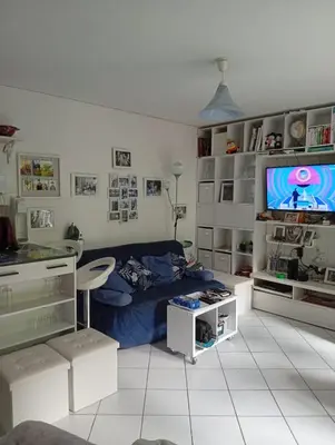 a living room with a couch and a flat screen tv at Le bel alp- Coeur de montagne en centre ville in Saint-Gervais-les-Bains