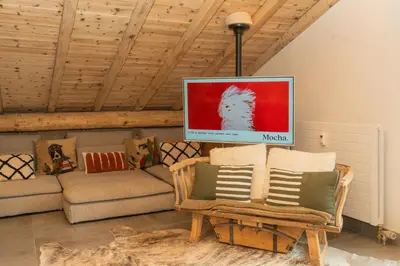 a living room with a couch and a tv at Nid douillet rénové sur les pistes ski in out in Megève