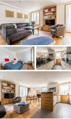 two photos of a living room and a kitchen in a house at Beautiful 2BR in Chamonix Centre in Chamonix-Mont-Blanc