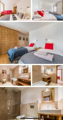 two pictures of a bedroom with a bed and a sink at Beautiful 2BR in Chamonix Centre in Chamonix-Mont-Blanc