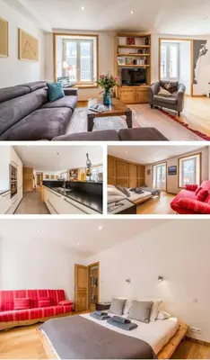 two pictures of a living room and a kitchen at Beautiful 2BR in Chamonix Centre in Chamonix-Mont-Blanc