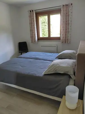 a bedroom with a large bed with a window at Maison La Pallud in Domancy