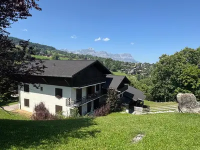 a house with a black roof on a green field at Le Sapin A5 in Megève