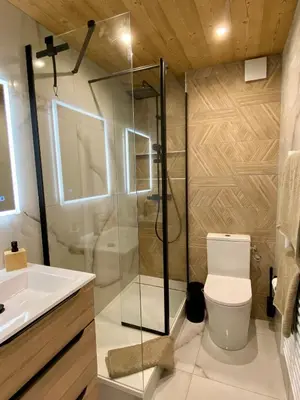 a bathroom with a shower and a toilet and a sink at Le Sapin A5 in Megève