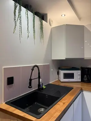 a kitchen with a sink and a microwave at Appartement 1 chambre, balcon, vue montagne, aux pieds des pistes in Les Houches