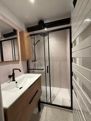 a bathroom with a shower and a sink and a shower at Appartement 1 chambre, balcon, vue montagne, aux pieds des pistes in Les Houches