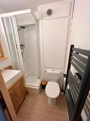 a small bathroom with a toilet and a shower at Joli studio hypercentre in Les Carroz d'Araches